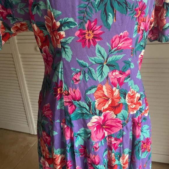 Vintage 80s David Benjamin Floral Drop Waist Midi Dress Prairie CottageCore - Picture 3 of 11